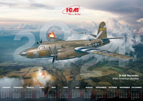 1/48 Бомбардировщик B-26B Marauder, интерьерная модель, в комплекте календарь на 2024 год (ICM 48320), сборная модель