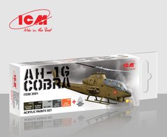 Набор красок "AH-1G Cobra и авиация США времен войны во Вьетнаме", 5 красок и матовый лак, 12 мл, акрил (ICM 3001 AH-1G Cobra Paint Set)