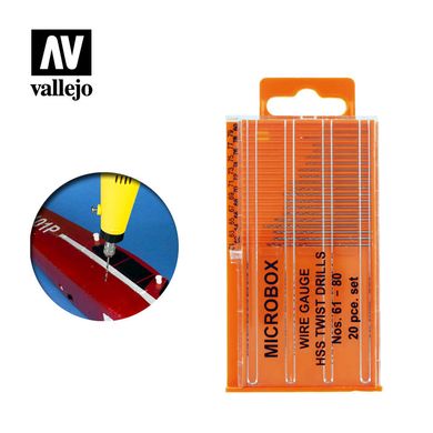 Набір свердел від 0.61 мм до 0.8 мм, 20 штук (Vallejo T01002) Drill Bits Set