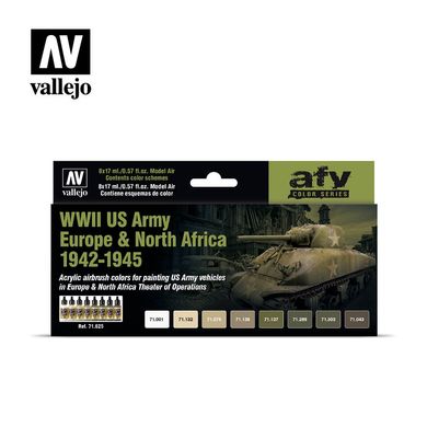 Набір фарб "Техніка армії США, Друга світова, Європа та Північна Африка", 8 штук по 17 мл., акрилові під аерограф (Vallejo 71625 WWII US Army Europe and North Africa 1942-1945)