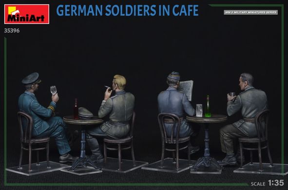 1/35 Германские солдаты в кафе, Вторая мировая, 4 фигуры и мебель (Miniart 35396), сборные пластиковые