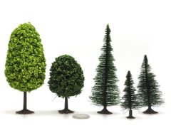 Набор деревьев под разные масштабы: лиственные и хвойные, высота 50-100 мм, 5 штук (производство Busch, Германия)