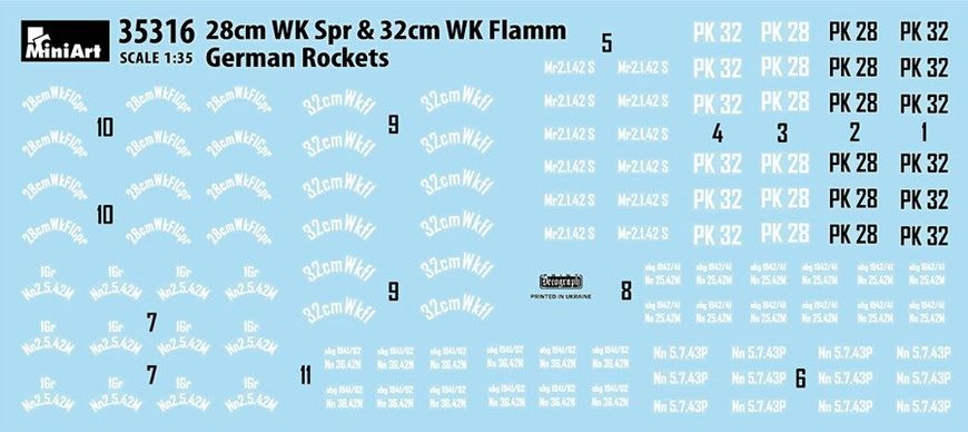 1/35 Комплект німецьких ракет 28cm WK Spr та 32cm WK Flamm, 24 штуки (MiniArt 35316), збірні пластикові