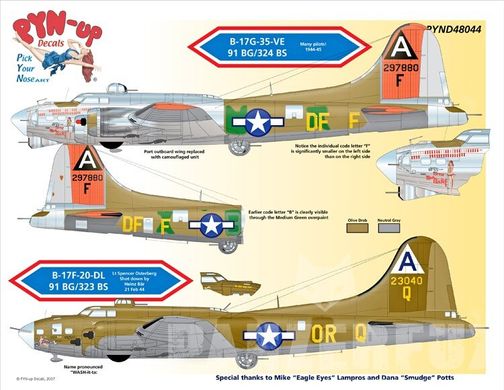 1/48 Декаль для B-17G-35-VE, 42-97880, DF-F "Little Miss Mischief" и B-17F-20-DL, 42-3040, 91 BG/323 BS, OR-Q"Miss Ouachita" (Pyn-Up Decals 48044), лимитная серия