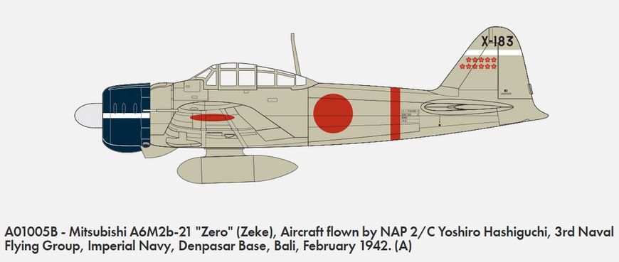 1/72 Винищувач Mitsubishi A6M2b-21 Zero пілота Yoshiro Hashiguchi (Airfix A01005B), збірна модель