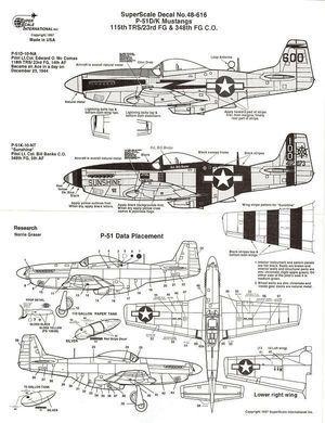 1/48 Декаль для P-51D/K Mustang, 2 варіанти: 118 TRS/23 FG 14 AF Lt. Col. Edward O. Mo Comas, 348 FG/5 AF Lt. Col. Bill Banks (Super Scale Decals 48-616)