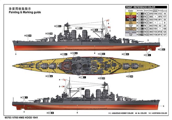 1/700 Лінкор HMS Hood зразка 1941 року з доповненнями: дерев'яна палуба, металеві стволи гармат, фототравління (I Love Kit 65703), збірна модель