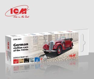 Комплект красок "Германские гражданские автомобили 1930-ых годов", 5 красок по 12 мл и глянцевый лак, акрил (ICM 3065 German Civilian Cars 1930 Paint Set)