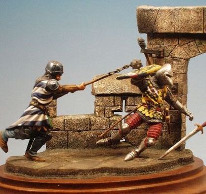 54 мм Лицарі б'ються в замку, 1350 рік (Two Knights Fighting in a Castle setting)