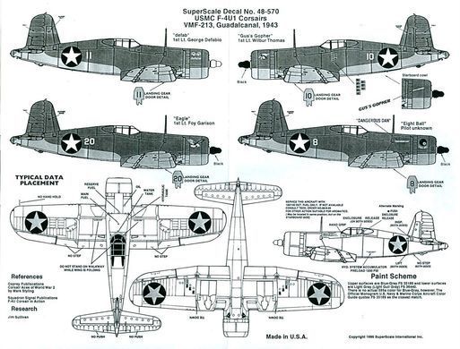 1/48 Декаль для F4U-1 Corsair, 4 варіанти USMC VMF-23 Guadalcanal 1943: 1st Lt. Foy Garison "Eagle", 1st Lt. Wilbur Thomas "Gus's Gopher", "Eight Ball", 1st Lt. Gearge Defabio "defab" (Super Scale Decals 48-570)