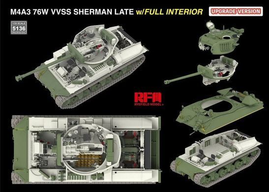 1/35 Танк M4A3 Sherman 76W с подвеской VVSS, модель с интерьером + 3D-печать, металлический ствол, фототравление (RFM RM5136), сборная модель