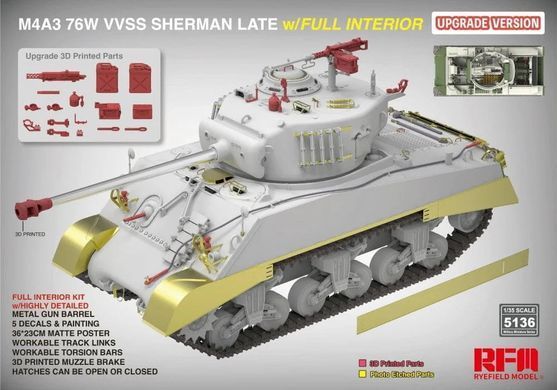 1/35 Танк M4A3 Sherman 76W с подвеской VVSS, модель с интерьером + 3D-печать, металлический ствол, фототравление (RFM RM5136), сборная модель