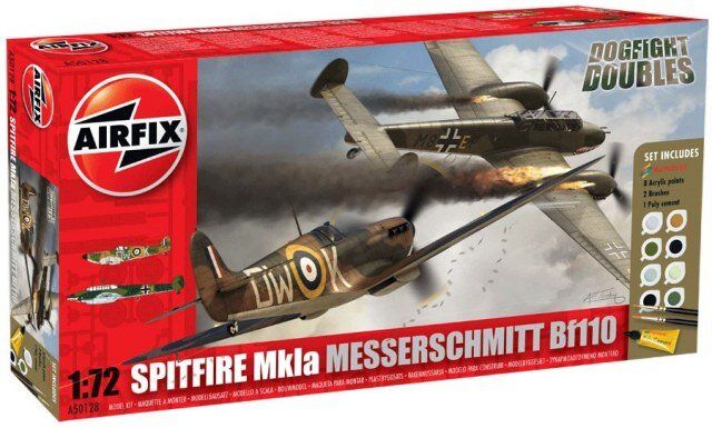 1/72 Supermarine Spitfire Mk.IA + Messerschmitt Bf-110 + клей + краска + кисточка (Airfix 50128) сборные модели