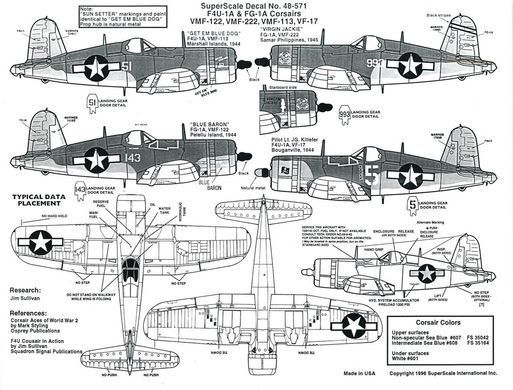 1/48 Декаль для F4U-1A/FG-1A Corsair, 4 варианта: VMF-122 "Blue Dragon", VMF-222 "Virgin Jackie", VMF-113 "Get em Blue Dog", VF-17 Lt. J. G. Killefer (Super Scale Decals 48-571)