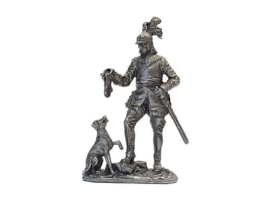 54мм Немецкий кавалерист с собакой, 16 век, коллекционная оловянная миниатюра