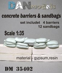 1/35 Бетонні барикади (4 шт.) та мішки з піском (12 шт.), гіпсові та смоляні нефарбовані (DANmodels DM35402)
