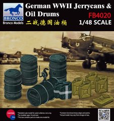 1/48 Німецькі каністри та паливні бочки, 18 каністр та 8 діжок + фототравлення (Bronco FB4020 German WWII Jerrycans and Oil Drums), збірні пластикові
