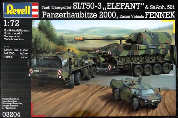 1/72 Транспортер SLT50-3 Elefant з напівпричепом SaAnh. 52t., бронеавтомобілем Fennek та САУ Panzerahubitze 2000 (Revell 03204), збірні моделі