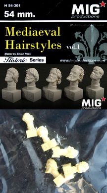 54mm Набір голів із середньовічними зачісками, 5 штук, смоляні (MIG Productions H54-301 Mediaeval Hairstyles Heads Set)