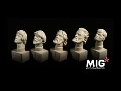 54mm Набор голов со средневековыми прическами, 5 штук, смоляные (MIG Productions H54-301 Mediaeval Hairstyles Heads Set)