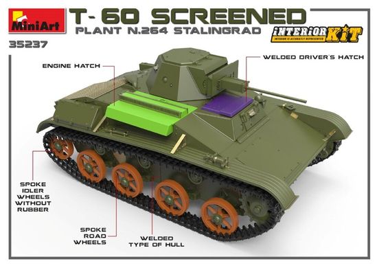 1/35 Танк Т-60 додатково броньований, виробництва заводу №264, модель з інтер'єром (Miniart 35237), збірна модель