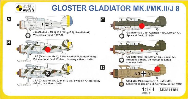 1/144 Gloster Gladiator Mk.I/Mk.II/J.8 іноземних ВПС (Mark I Models MKM14454) збірна модель