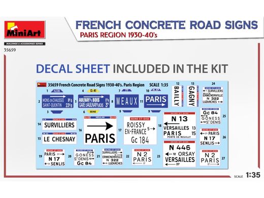 1/35 Французские бетонные дорожные указатели 1930-40-ых годов, сборные пластиковые + декаль (Miniart 35659)