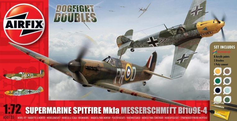 1/72 Spitfire Mk.Ia + Messerschmitt Bf-109E-4 "Dogfight Doubles" Gift Set (Airfix A50135) + клей + краска + кисточка