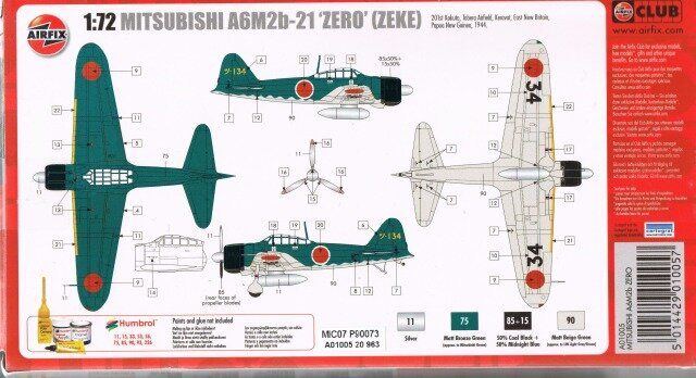 1/72 Mitsubishi A6M2b Zero японский истребитель (Airfix 01005) сборная модель