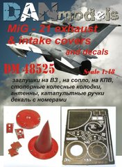 1/48 Фототравление для МиГ-21: заглушки на воздухозаборник, на сопло, на КПВ, колодки колесные, антенны, катапультные ручки + декаль с номерами (DANmodels DM 48525)