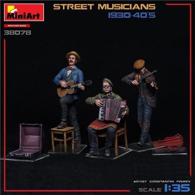 1/35 Вуличні музиканти 1930-40-их років, 3 фігури з аксесуарами (MiniArt 38078 Street Musicians), збірні пластикові