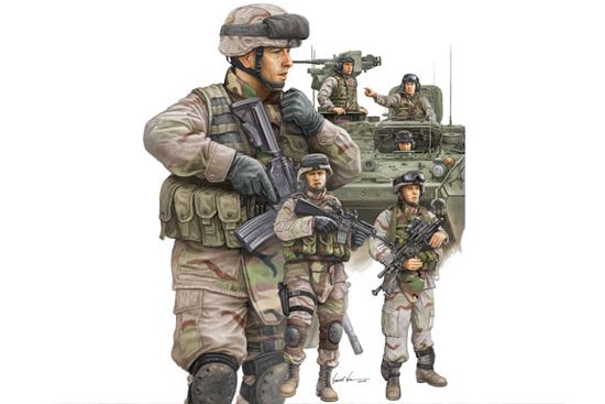 1/35 Modern US Army Armor Crewman and Infantry, 6 фігур + декалі з камуфляжем (Trumpeter 00424), збірні пластикові
