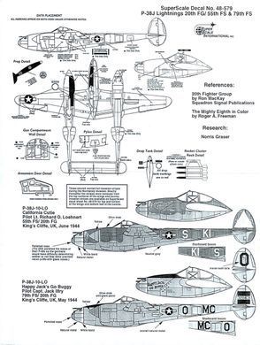 1/48 Декаль для P-38J Lightning, 2 варіанти: 20 FG/55 FS Lt. Richard O. Loehnert "California Cutie", 20 FG/79 FS Capt. Jack Ilfrey "Happy Jack's Go Buggy" (Super Scale Decals 48-579)