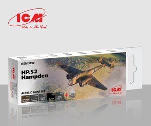 Комплект фарб для HP.52 Hampden та британської бомбардувальної авіації, 5 фарб по 12 мл та сатиновий лак, акрил (ICM 3090 HP.52 Hampden Paint Set)