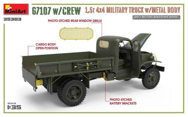 1/35 Автомобиль Chevrolet G7107 с металлическим кузовом + 3 фигуры (Miniart 35383), сборная модель