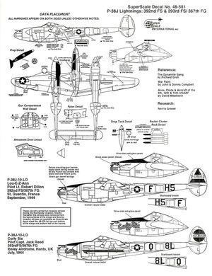 1/48 Декаль для P-38J Lightning, 2 варіанти: 392 FS/367 FG Lt. Robert Dillon "Lou-E-Z-Ann", 393 FS/367 FG Capt. Jack Reed "Curly Six" (Super Scale Decals 48-581)