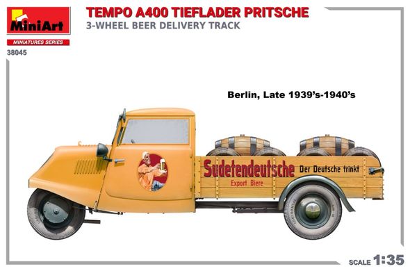 1/35 Tempo A400 Tieflader Pritsche автомобіль доставки діжкового пива (Miniart 38045), збірна модель