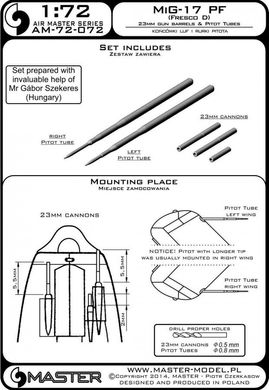 1/72 Штанги ПВД + стволы 23-мм пушек для МиГ-17ПФ (Master AM-72-072), металл