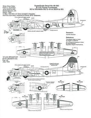 1/48 Декаль для B-17G Flying Fortress, 2 варианта: 401 BS/91 BG Lt. Guenther "Shoo Shoo Baby", 851 BS/490 BG "$5 with Breakfast" (Super Scale Decals 48-582)