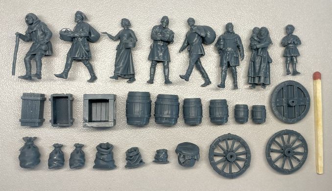 1/72 Середньовічні містяни, 8 фігур з аксесуарами&nbsp;(Archibald Miniatures Medieval Citizens), смоляні