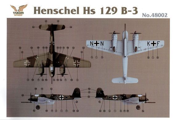 1/48 Штурмовик Henschel Hs-129B-3, модель з інтер'єром та прозорими деталями корпусу (Takom 48002), збірна модель