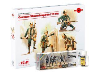 1/35 Германские штурмовики 1918 года, 4 фигуры с красками и клеем (ICM 35692), сборные пластиковые