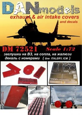 1/72 Фототравление для МиГ-29: заглушки на воздухозаборники, на сопла, на жалюзи + декаль с номерами (DANmodels DM 72521)
