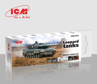 Набор красок для танков Леопард, 5 красок по 12 мл и грунтовка, акрил (ICM 3073 Leopard Tanks Paint Set)