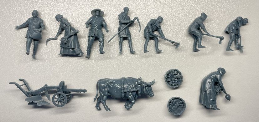 1/72 Середньовічні фермери, 8 фігур з аксесуарами&nbsp;(Archibald Miniatures Medieval Farmers), смоляні