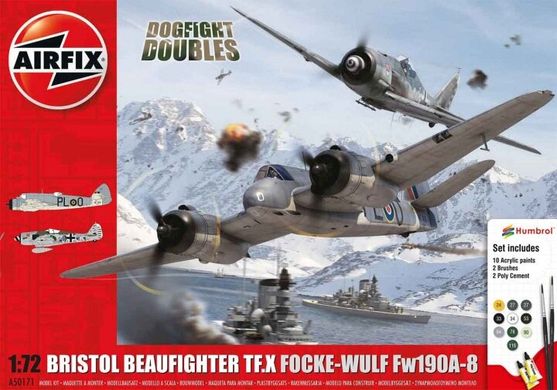 Aifix 50171 Dogfight Doubles "Bristol Beaufighter TF.X + Focke-Wulf FW-190A-8" 1/72 + клей + краска + кисточка