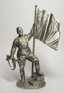 54 мм Гвардии ефрейтор пехоты Красной Армии с советским флагом, 1943-45 гг. СССР, оловянная миниатюра (EK Castings WWII-16)