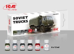 Комплект фарб "Радянські вантажівки та інші автомобілі", 5 фарб та глянсовий лак, 12 мл, акрил (ICM 3011 Soviet Trucks Paint Set)