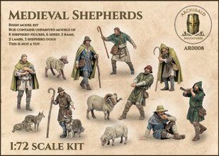 1/72 Середньовічні вівчарі, 8 фігур та тварини&nbsp;(Archibald Miniatures Medieval Shepherds), смоляні
