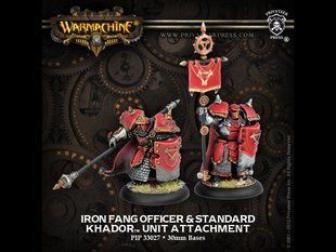 Iron Fang Pikemen Officer and Standard Bearer, Khador Unit Attachment, мініатюри Warmachine (Privateer Press Miniatures PIP33027), збірні металеві